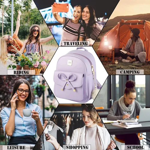 Miniatura 10 de ZGWJ Mini mochila de cuero con moño, mochila pequeña, linda mochila casual de viaje para niñas y mujeres, M, Mochilas tipo mochila