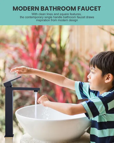 Miniatura 2 de Llave de fregadero de lavabo negro mate, ARCORA llave de baño alta de una sola manija, llave de lavabo de un solo agujero para tocador con desagüe