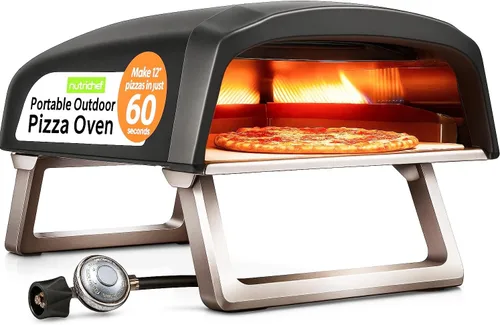 NutriChef Horno de Pizza a Gas Portátil para Exteriores - Incluye Patas Plegables, Dial de Control de Calor Ajustable, Quemador, Piedra y Manguera