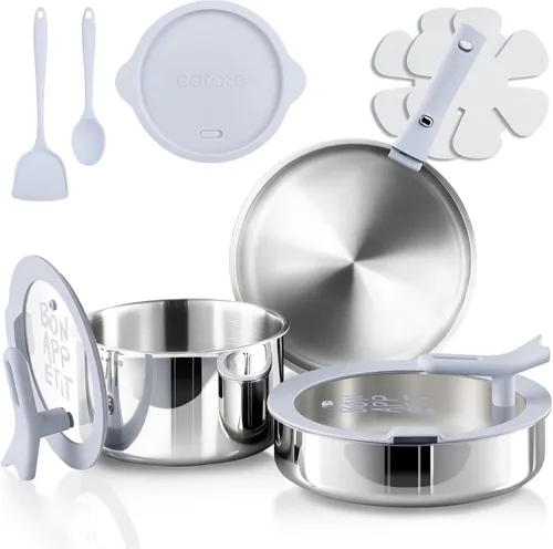 CAROTE - Juego de utensilios de cocina de acero inoxidable de tres capas con tapa de pie, juego de 11 ollas y sartenes antiadherentes, juegos de