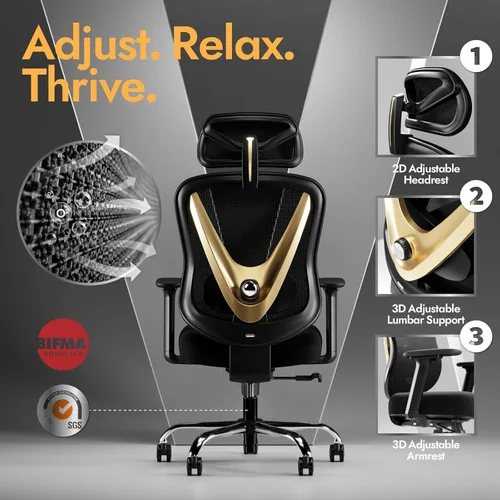 Miniatura 4 de HOLLUDLE Silla de oficina ergonómica de malla, soporte lumbar ajustable 3D y reposabrazos 3D, respaldo en forma de V, silla de escritorio ajustable