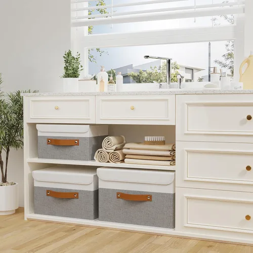 Miniatura 3 de OUTBROS Caja de almacenamiento plegable grande con tapa, organizador de armario de tela de lino, contenedores para toallas, ropa, 15 x 9.8 x 9.8