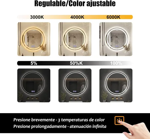 Miniatura 3 de Espejo de baño con luz LED, espejo redondo de baño de 3 colores, luz regulable, espejo de baño con luces, inteligente antivaho con interruptor