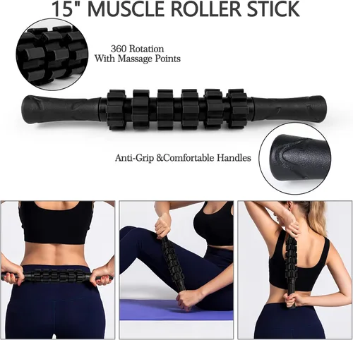 Miniatura 3 de JOYENERGY Juego de rodillos de espuma 5 en 1 patentados, barra de masaje, bola de masaje, banda de resistencia para masaje muscular profundo, Negro