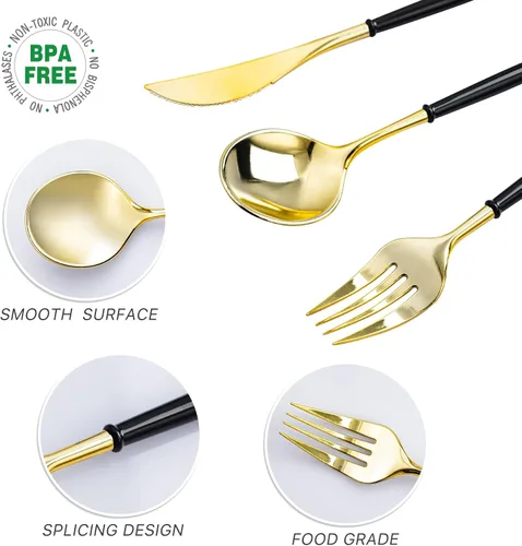 Miniatura 3 de N9R Juego de cubiertos de plástico dorado - 90 piezas con mango negro - Cubiertos de plástico elegantes, resistentes - 30 cucharas, 30 tenedores, 30