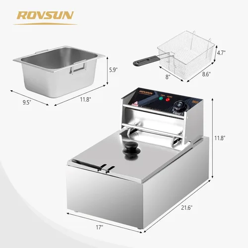 Miniatura 7 de ROVSUN Freidora Profunda Eléctrica Comercial de 11.4QT con Cesta y Tapa, Máquina de Freír de Encimera, Freidora Francesa de Acero Inoxidable