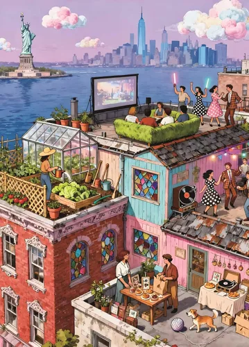 Rompecabezas para adultos de 1000 piezas, rompecabezas de reunión en la azotea, rompecabezas de 1000 piezas para adultos | NYC Rooftop Illustration