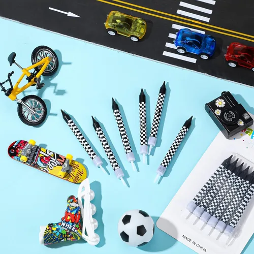 Miniatura 3 de Cindeer 12 velas de cumpleaños temáticas de autos de carreras, bandera a cuadros en blanco y negro para decoración de fiestas de autos de carreras