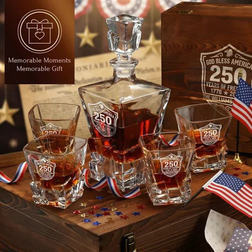 Miniatura 8 de Personalized 250th Anniversary Rocks Whiskey Decanter Set – USA 250 Independence Gift for Men, Custom Engraved Family Name or Text, Decanter, 4
