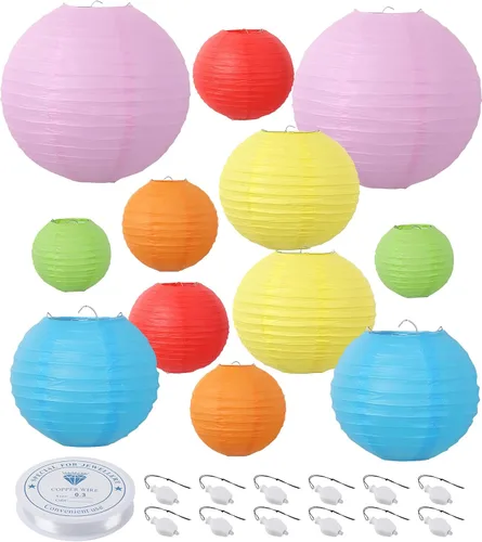 HAUSPROFI 12 linternas de papel coloridas con luces LED, decoraciones colgantes de papel chino/japonés multicolor, lámparas para fiesta de