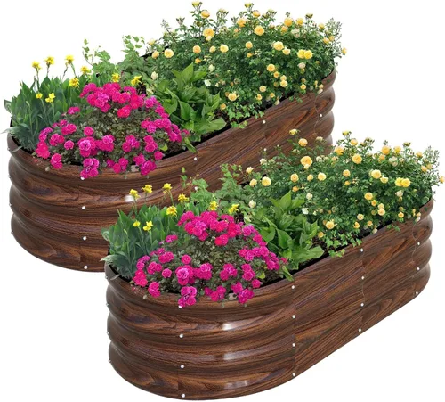 SnugNiture Jardinera elevada galvanizada para exteriores, 2 piezas de 4 x 2 x 1 pies, maceta ovalada de metal para plantar plantas, verduras, color