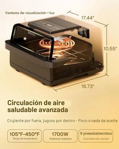 Miniatura 5 de Behome Horno de pizza para interiores y freidora de aire, tamaño familiar de 6.5 cuartos de galón con piedra para pizza, 9 preajustes de cocción