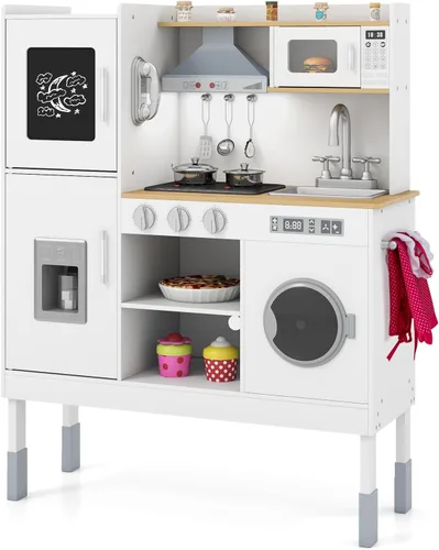 Miniatura 10 de HONEY JOY Juego de cocina para niños, cocina de madera para niños pequeños, microondas, utensilios de cocina, lavadora, campana extractora, juego