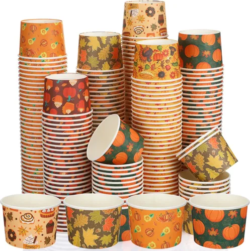 Zhehao 300 cuencos de papel de otoño de 8 onzas, cuencos desechables de calabaza, cuencos de aperitivos de Acción de Gracias, cuencos de postre de