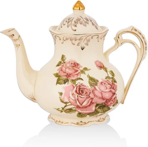 Tetera de cerámica, 35 onzas/4 tazas, tetera de porcelana floral vintage con borde dorado, estilo europeo, regalo para mujeres, ideas decorativas