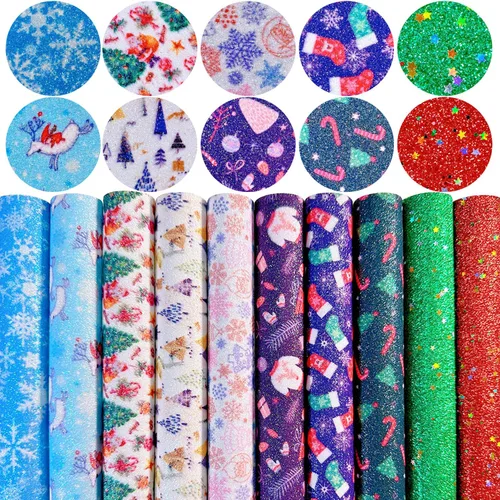 Sábanas de piel sintética con estampado de copos de nieve de Navidad, 8 x 12 pulgadas, tela brillante con purpurina fina para lazos, manualidades,