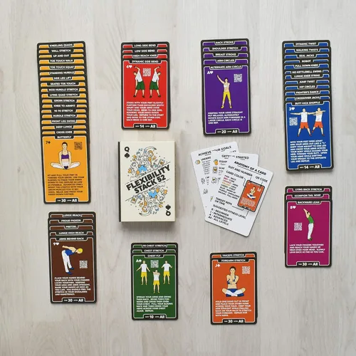 Miniatura 5 de Stack 52 Tarjetas de ejercicios de flexibilidad. Aprende estiramientos estáticos y dinámicos. Instrucciones de video incluidas. Perfecto