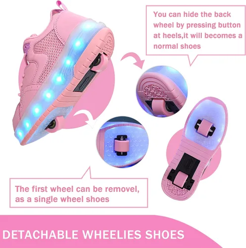 Miniatura 4 de Wooowyet - Tenis con ruedas y luces LED para niños y niñas, con ruedas, USB recargable, cierre de gancho y bucle