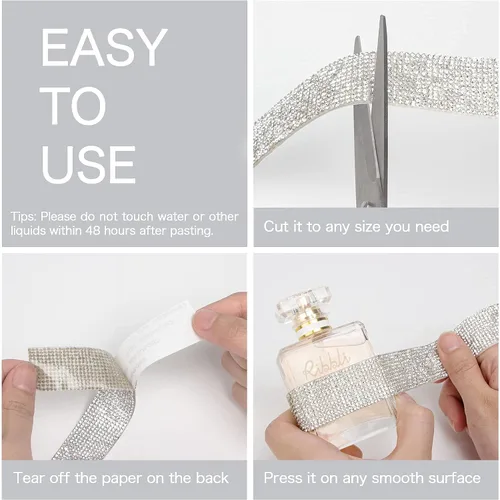 Miniatura 6 de Ribbli Cinta de diamantes de imitación de cristal autoadhesiva de 3 yardas, diamantes de imitación para manualidades, cinta plateada para decoración