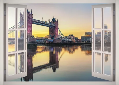 Vinilo decorativo 3D con ventana de vista del río Támesis de la torre del puente de Londres, diseño removible, vinilo para decoración del hogar,