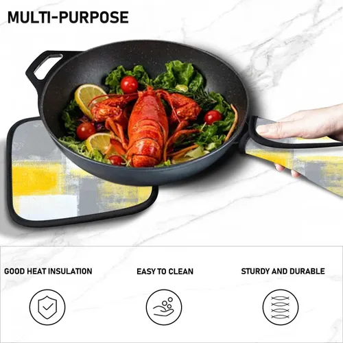 Miniatura 5 de MCALK Juego de 5 guantes amarillos para horno y soportes para ollas, guantes de horno grises y almohadillas calientes para cocina de cocina