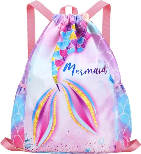 Luchike Mochila con cordón para niños, bolsa de baile para niñas, gimnasio, playa, natación, viajes, con dos soportes para botellas de agua, color6,
