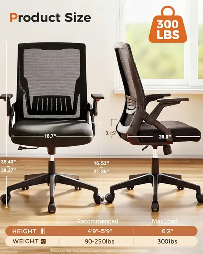 Miniatura 2 de GTPLAYER Silla de oficina ergonómica con reposabrazos abatibles, silla ejecutiva para computadora en casa, malla transpirable y cómodo soporte negro