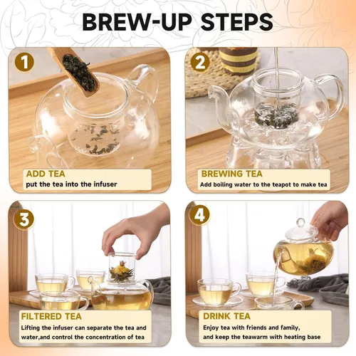 Miniatura 7 de Juego de teteras de vidrio, 40 onzas/40.6 fl oz, hervidor de té de vidrio seguro para estufa con infusor extraíble y calentador de té, tazas de té