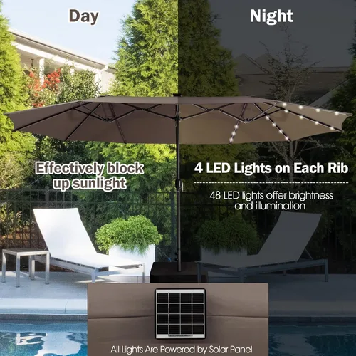 Miniatura 4 de Giantex Paraguas grande de 15 pies para exteriores de doble cara, 48 luces solares, panel solar de carga automática, sombrilla de patio extragrande
