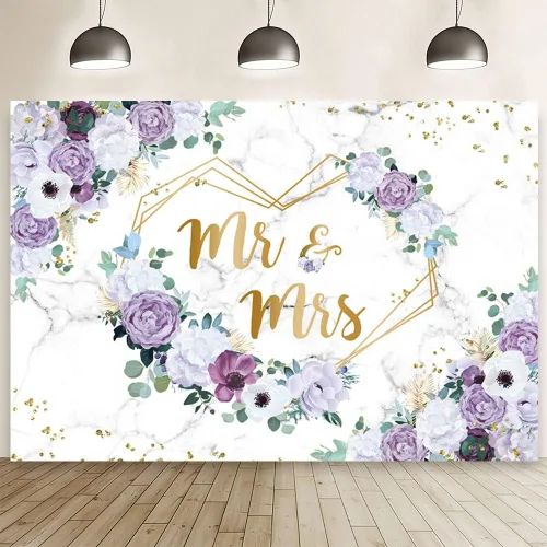 Miniatura 8 de AIBIIN Telón de fondo de 7x5 pies Mr y Mrs con flores blancas y puntos dorados de glitter para despedida de soltera, fondo para fotografía con Blanco