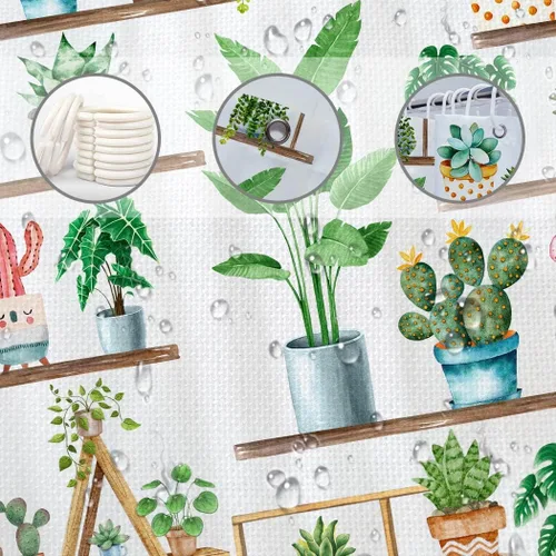 Miniatura 4 de Cortina de ducha de plantas verdes de granja, cortina de ducha bohemia con plantas en maceta para baño, cactus suculentas, decoración para baño