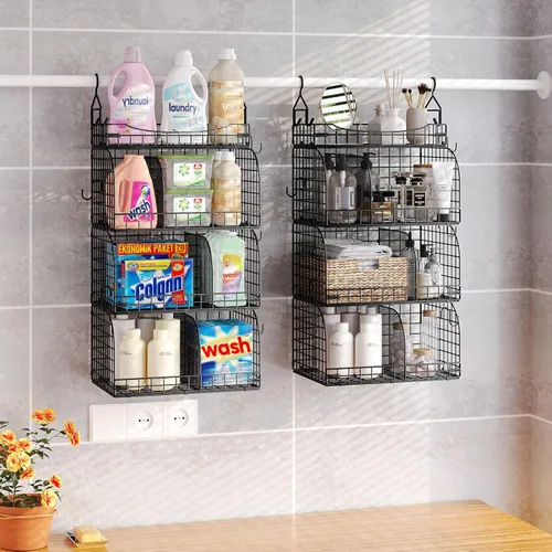Miniatura 6 de HapiRm Organizador de armario colgante – 4 estantes apilables de metal con divisores y ganchos en S, estantes plegables para ropa, pantalones, Negro