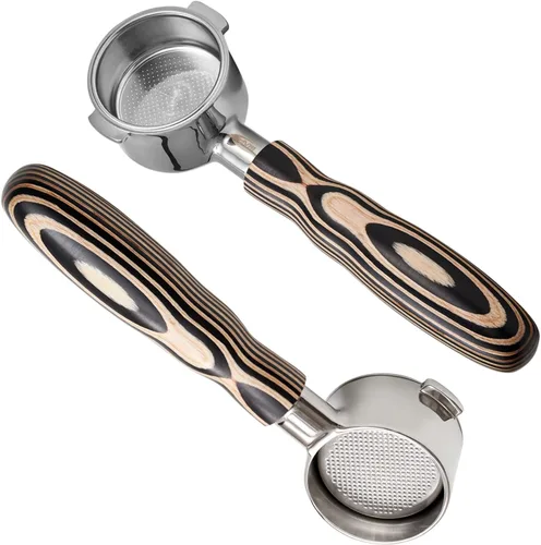 IKAPE Portafiltro de 2.008 in sin fondo, 2 orejas de café sin fondo con cesta de filtro, fabricado en madera natural, compatible con máquina de café