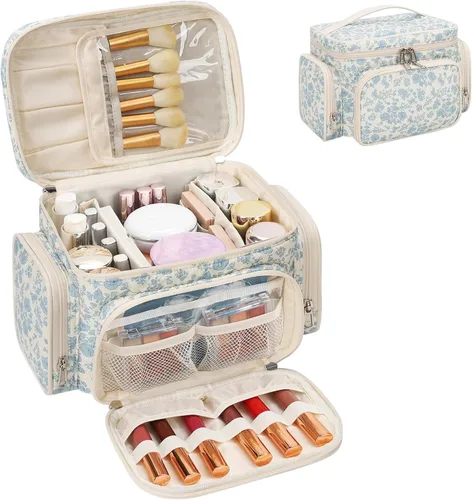 Miniatura 21 de Bagmoly Bolsa de maquillaje grande, organizador portátil de maquillaje para mujeres y niñas con compartimento para brochas de maquillaje y dos