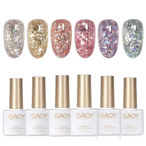 Miniatura 8 de GAOY Juego de Esmalte de Uñas con Purpurina Cromado Platino, 6 Colores Incluyendo Esmalte en Gel Brillante Resplandeciente UV LED Removible Negro