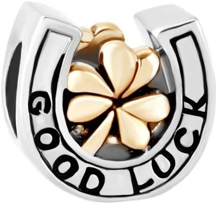 LSxAB Abalorio de herradura de la suerte competible con pulseras Pandora para mujeres y niñas, trébol de oro, cuentas de plata, amigo de la familia,