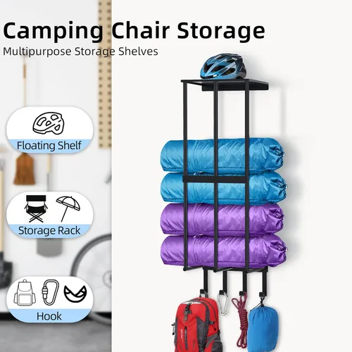 Miniatura 3 de Estante de almacenamiento para sillas de camping para la pared del garaje, estante de almacenamiento para sillas de camping de metal con soporte