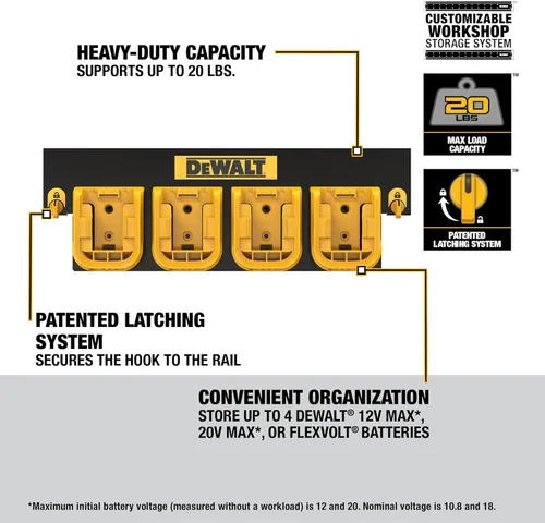 Miniatura 3 de DEWALT Organizador de baterías, soporta hasta 4 baterías, riel de montaje, compatible con sistema de almacenamiento de taller (DWST82819)