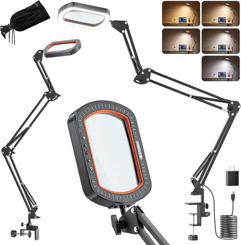 Lupa Rectangular 10X con Luz, 3 Brazos 5 Modos de Color, Lupas Grandes con Abrazadera, Lámpara de Escritorio Iluminada con Lupa de Manos Libres para