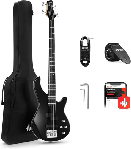 Miniatura 8 de Donner Guitarra eléctrica de bajo de 4 cuerdas tamaño completo estilo estándar PB para principiantes color negro para principiantes con lección
