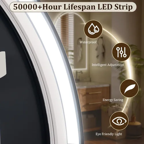 Miniatura 3 de BEAUTYPEAK Espejo de baño con arco LED de 34 x 30 pulgadas con luces, antiniebla, regulable, retroiluminado + iluminado frontal, espejo de tocador