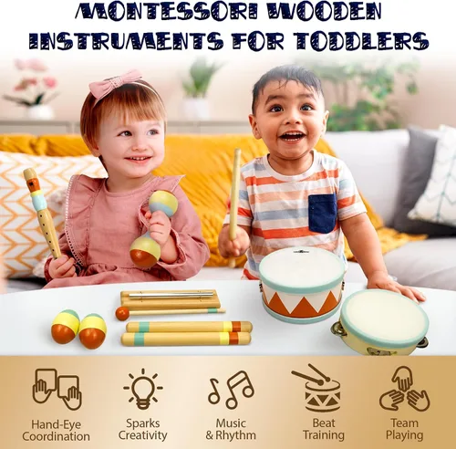 Miniatura 6 de MINIARTIS Instrumentos musicales para niños pequeños – Juguetes musicales de madera Montessori para niños pequeños de 1 a 3 años Juego de batería