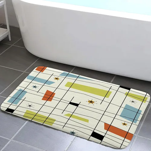 Alfombra de baño de mediados de siglo, alfombra de baño estética abstracta geométrica de mediados de siglo, color verde azulado, retro, cuadrícula