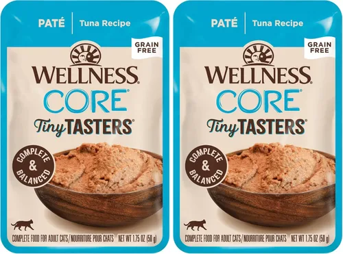Miniatura 22 de Wellness CORE Tiny Tasters - Alimento húmedo para gatos adultos, natural, rico en proteínas, sin granos, receta de atún y salmón, 1.75 onzas