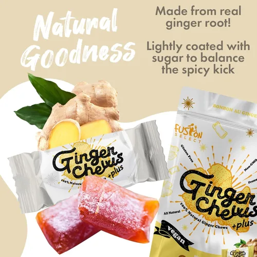 Miniatura 6 de Fusion Select Caramelos masticables de jengibre - Dulces delicias confitadas suaves de Indonesia - Promueve el alivio de las náuseas matutinas