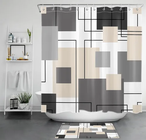 Miniatura 12 de LB Cortina de ducha geométrica a rayas grises y blancas, cortinas de ducha abstractas de mediados de siglo verde salvia para baño, 72 x 72 pulgadas