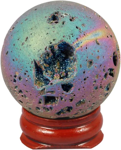 Miniatura 9 de Nupuyai Esfera de ágata de geoda druzy revestida de titanio con soporte de madera, bola de cuarzo de cristal de energía curativa para decoración