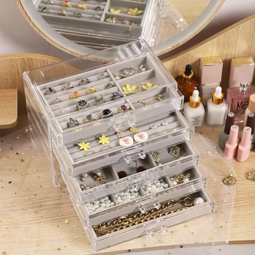 Miniatura 5 de Cq acrylic Organizador de joyas con 5 cajones caja de joyería de acrílico transparente regalo para mujeres hombres niños y niñas apilable