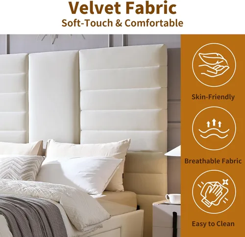 Miniatura 7 de Base de cama Queen de 63.6 pulgadas de alto, base de cama tapizada con 2 cajones de almacenamiento, listones de madera resistentes, sin ruido,