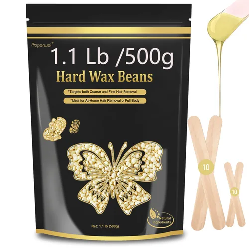 Cuentas de cera dura para depilación de piel sensible, granos de cera de perlas sin dolor de 1.1 libras con 20 espátulas para bikini, cejas y